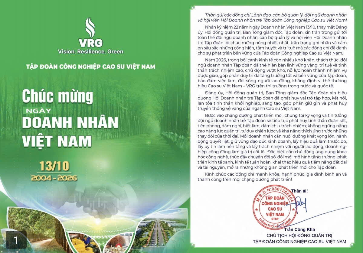Thư chúc mừng của Chủ tịch Hội đồng Quản trị VRG nhân ngày Doanh nhân Việt Nam 13/10