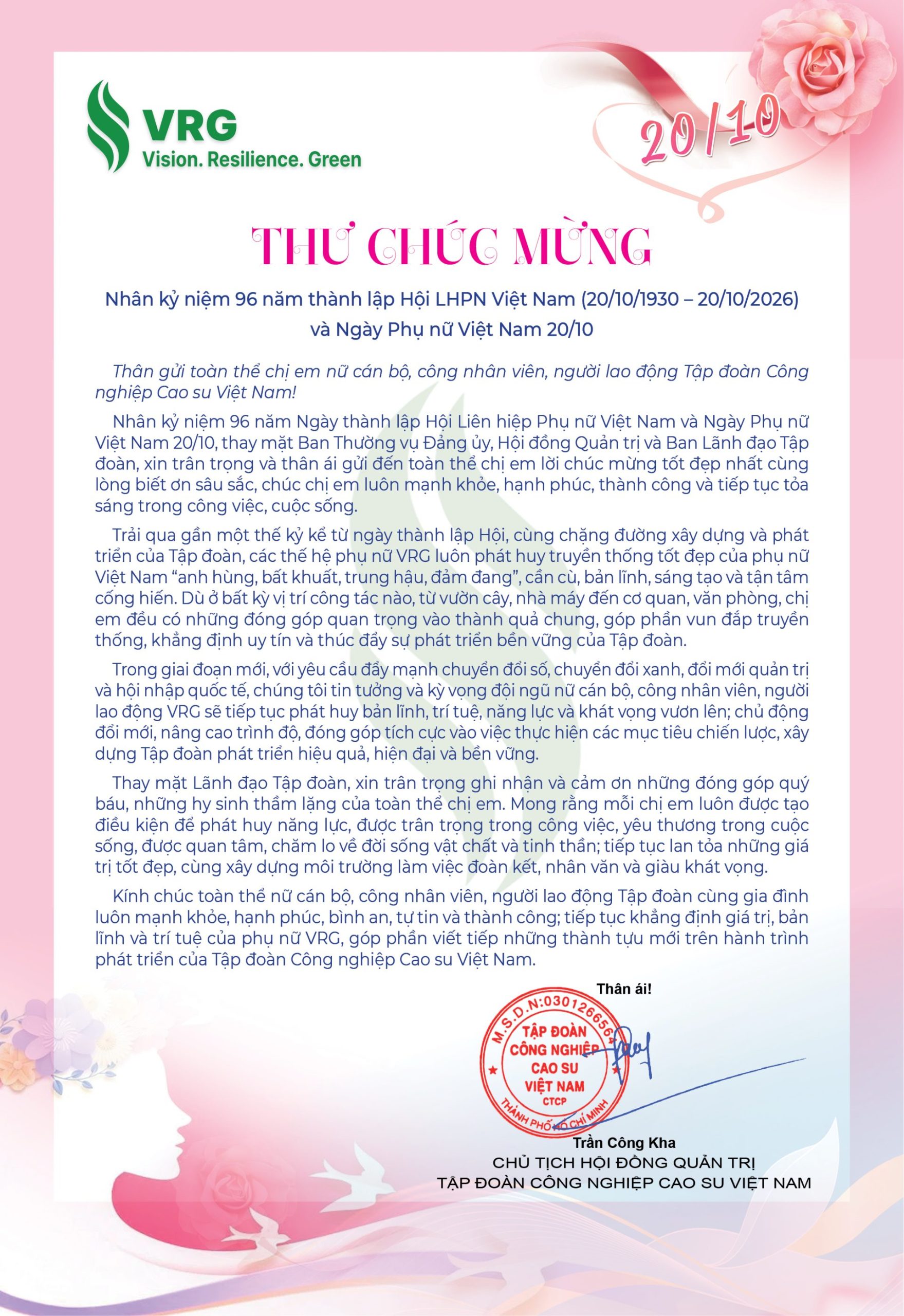 Thư chúc mừng của Chủ tịch HĐQT VRG nhân kỷ niệm 96 năm Ngày Phụ nữ Việt Nam